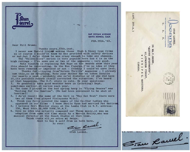 Stan Laurel Letter Signed With His Full Name -- ''...Re the Wax Figures, I've no idea if they have been removed or improved or not - frankly I could'nt care less...''